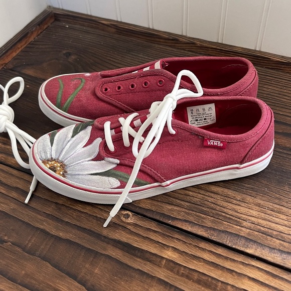 New Vans Custom Handpainted Red Floral Sneakers slip on or tie - Picture 6 of 8